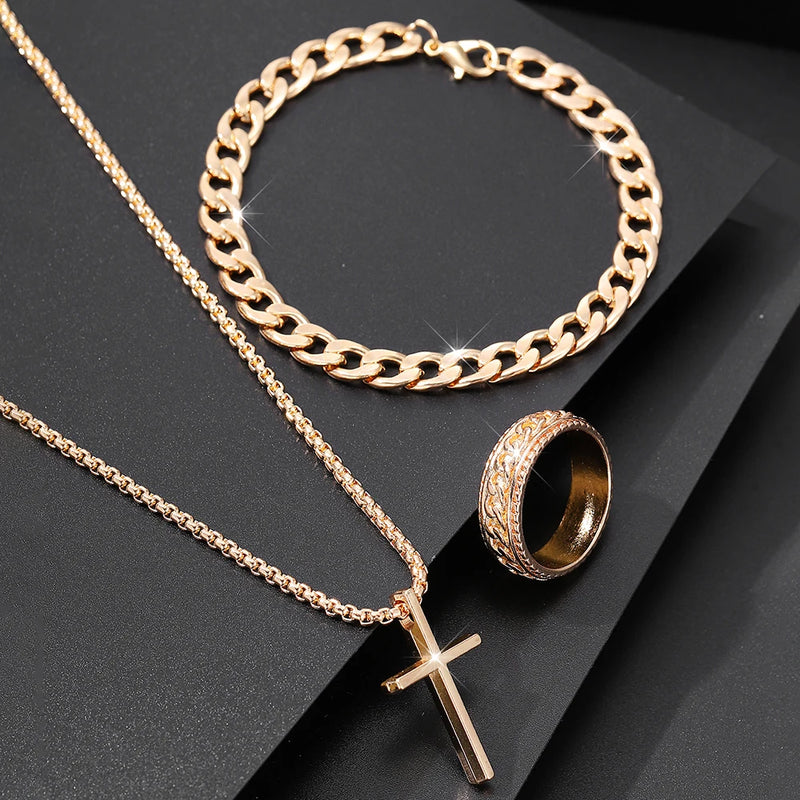 Kit de Joias Masculinas 3 em 1 – Colar, Pulseira e Anel Estilosos