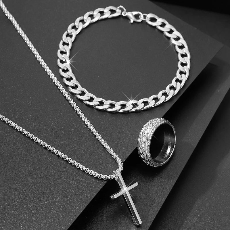 Kit de Joias Masculinas 3 em 1 – Colar, Pulseira e Anel Estilosos