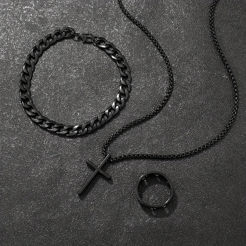 Kit de Joias Masculinas 3 em 1 – Colar, Pulseira e Anel Estilosos